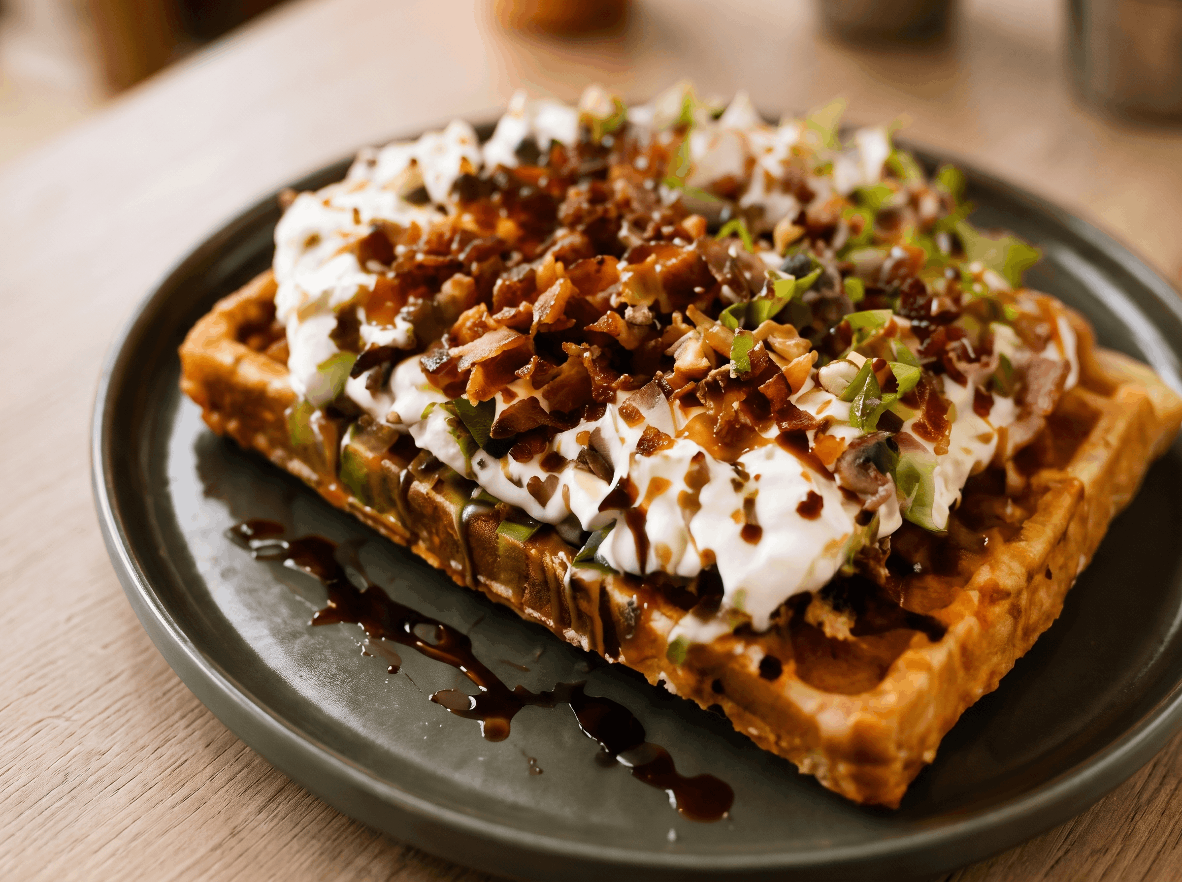Waffle salgado com bacon, ovo cremoso e ervas